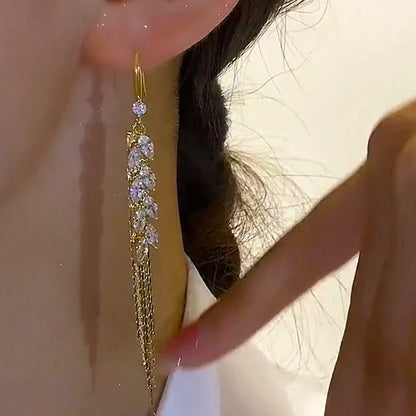 Blue Heart Shaped Zircon Long Tassel Gold Color Ear Wire for Women Elegant Exquisite Temperament Ladies Wedding Party Jewelry