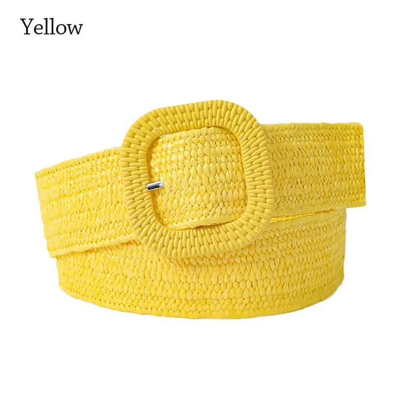 Bohemian Braided Belts for Women Summer Patchwork Straw Woven Belt Wide Waistband Fashion Female Square Buckle Waist Belt