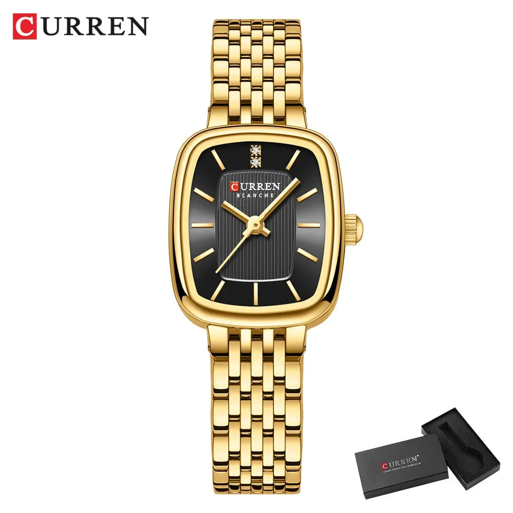 Relógio feminino quadrado dourado em aço inoxidável com calendário