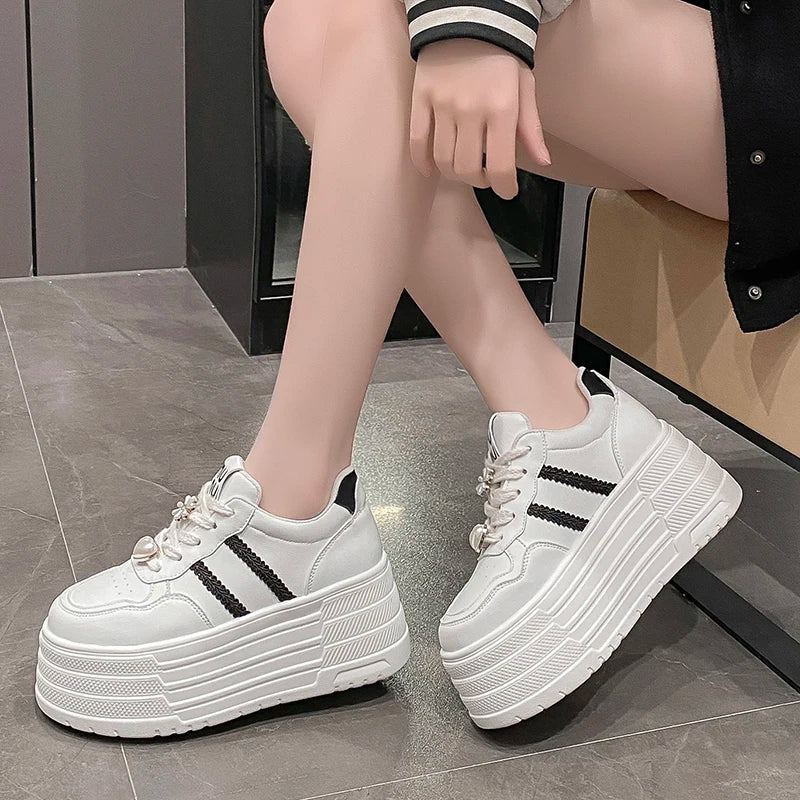 8cm Leather Flats Casual Dad Shoes Chunky Sneakers 2025 Women Platform Sports Shoes Ladies Skateboard Hidden Heels Shoes Tennis