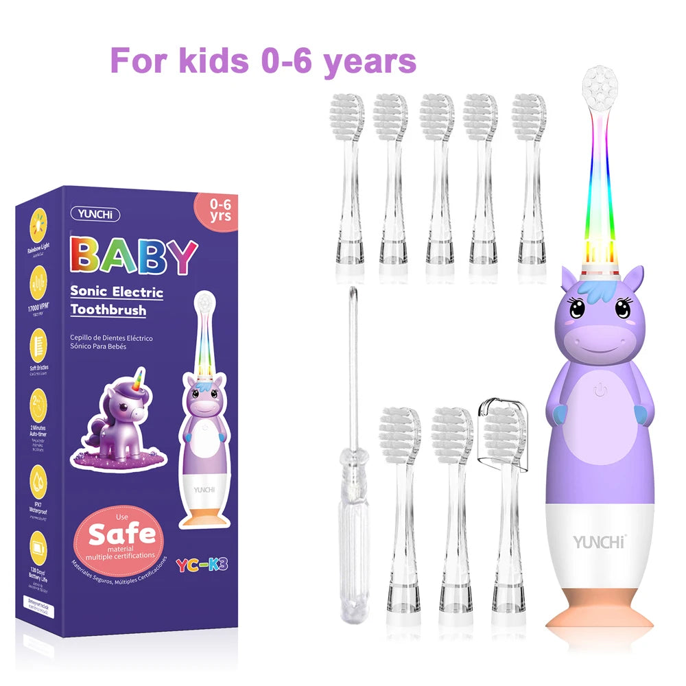 Toddler Sonic Electric Toothbrush for Baby with Cute Unicorn Cover and Smart LED Timer Soft Microfiber Bristles 4 Brush Heads