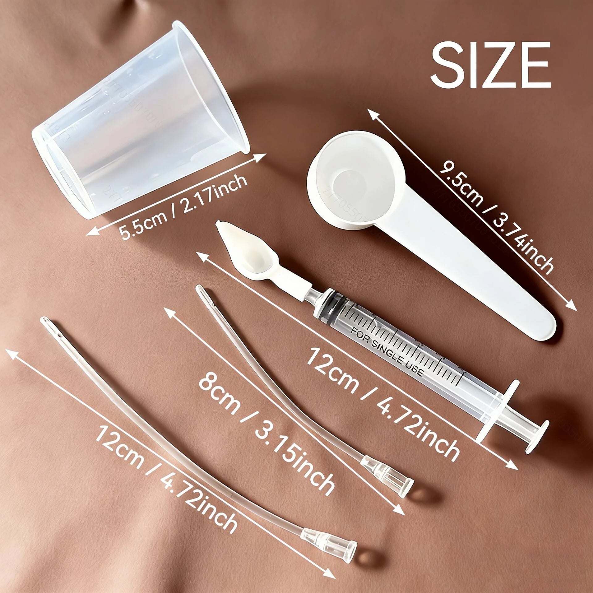 Bird medication feeding kit in a box, 10 feeding tubes, 5 syringes, 5 small spoons, 1 large spoon, measuring cup, and box