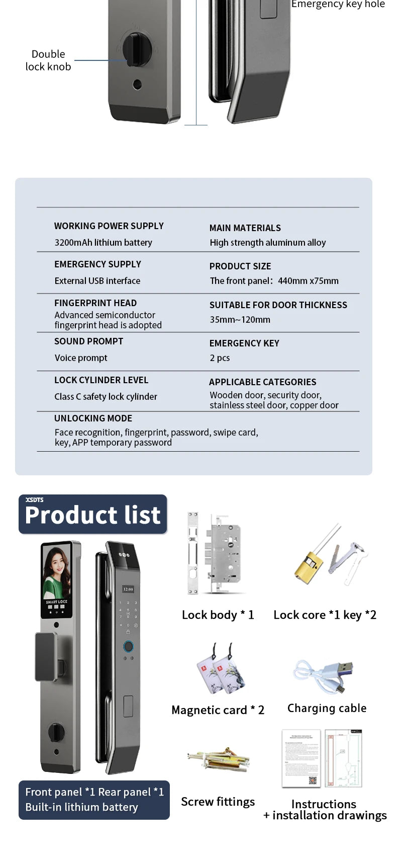 XSDTS Wifi Tuya APP Face Recognition Smart Door Lock With Camera Video Call Voice Intercom Digital Door Lock Automatic Door Lock