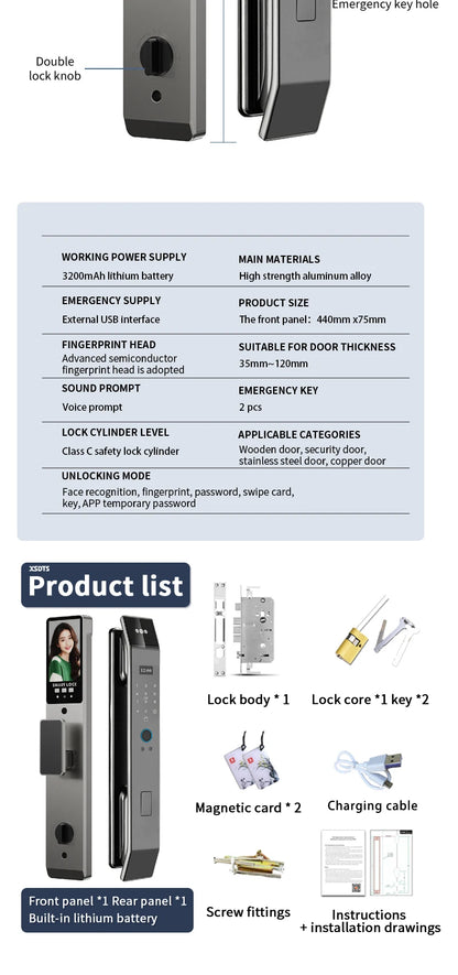 XSDTS Wifi Tuya APP Face Recognition Smart Door Lock With Camera Video Call Voice Intercom Digital Door Lock Automatic Door Lock