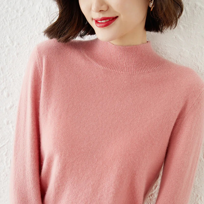 Autumn Winter Women Sweater Korean Fashion Warm Bottoming Shirts Half High Collar Basic Knitwear Solid Long Sleeve Pullovers