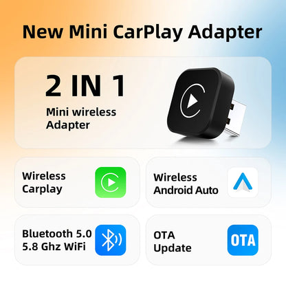 2025 New Adapter 2in1 Mini CarPlay Box Wired To Wireless CarPlay Android Auto Smart Box Bluetooth Connect Plug&Play For 98% Cars