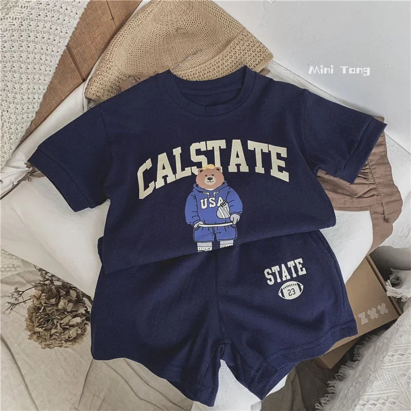 2pcs Summer Baby Clothes Set Children Boy Girl Cartoon Bear T-shirts and Shorts Suit Kid Casual Top Bottom Outfits Tracksuits