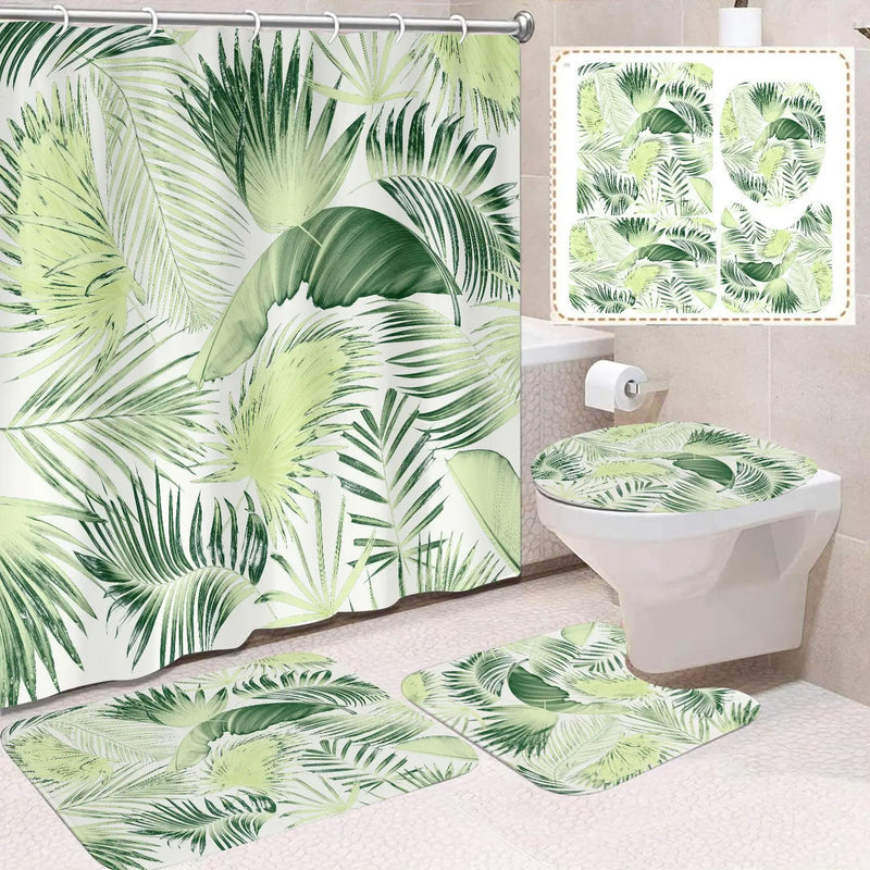 VIKAMA Tropical Plant Leaves Shower Curtain Set  Monstera Print Pattern Green Palm Leaf  Home Decor Bath Mat Toilet Lid Cover