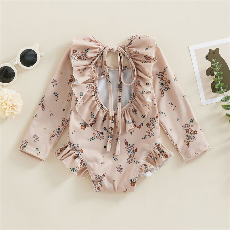 Traje de baño de verano para niñas pequeñas, estampado floral, sin espalda, con volantes, manga larga, ropa de playa para niñas de 0 a 4 años