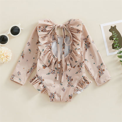Traje de baño de verano para niñas pequeñas, estampado floral, sin espalda, con volantes, manga larga, ropa de playa para niñas de 0 a 4 años