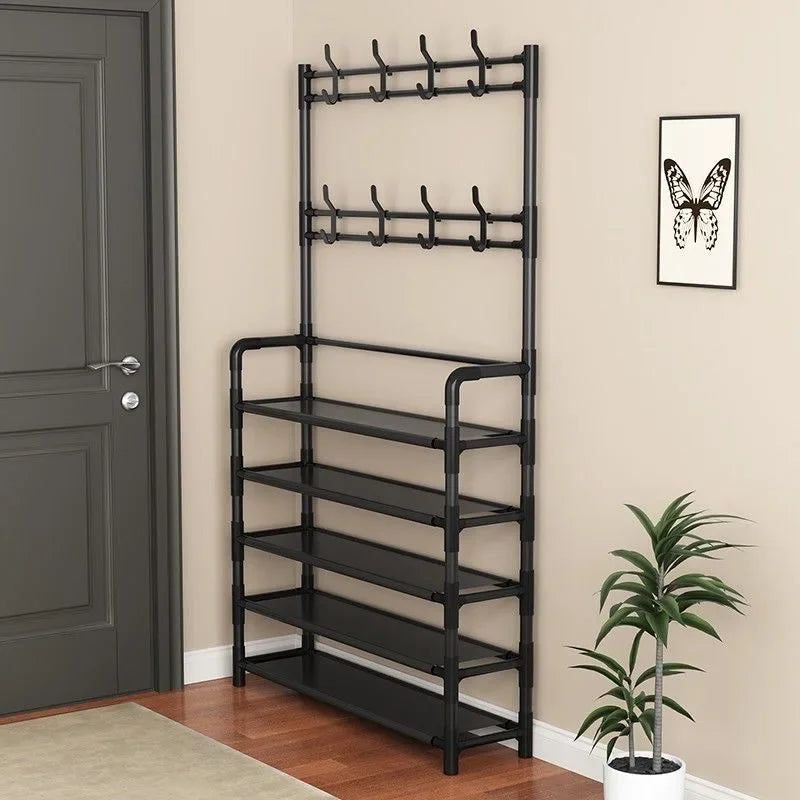 Zapatero de múltiples capas para el hogar, perchero integrado para abrigos y sombreros, puerta para zapatos, estante multifuncional simple