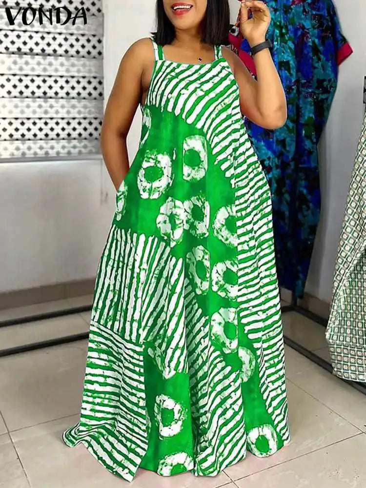 VONDA-Vestido Maxi Estampado Boêmio, Vestido de Festa Sem Mangas, Vestido Longo de Praia, Robe Solto Casual, Plus Size 5XL, Verão, 2024