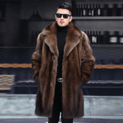 Abrigo largo de piel de visón cálido de invierno para hombre, chaqueta gruesa, cortavientos informal holgado