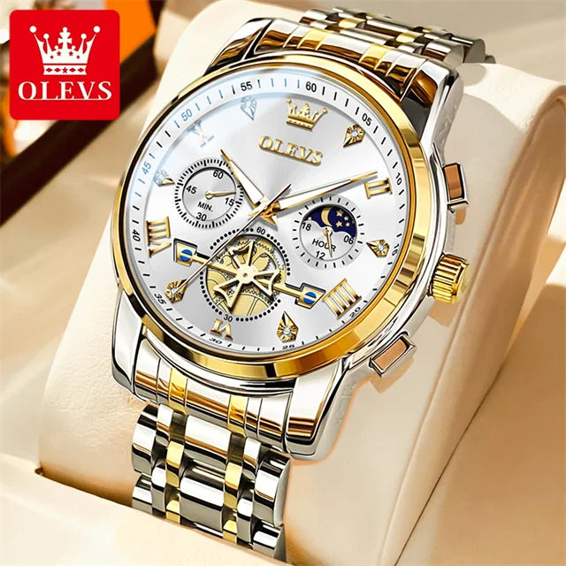 OLEVS 2856 New Men's Watches Luxury Classic Flywheel Design Waterproof Chronograph Moon Phase 24 Hour Quartz Wrist Watch for Men