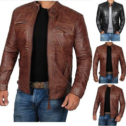 2023 Men Leather Jacket Teenagers Stand Collar Punk Men Motorcycle Leather Jacket Brown Leather Jacket