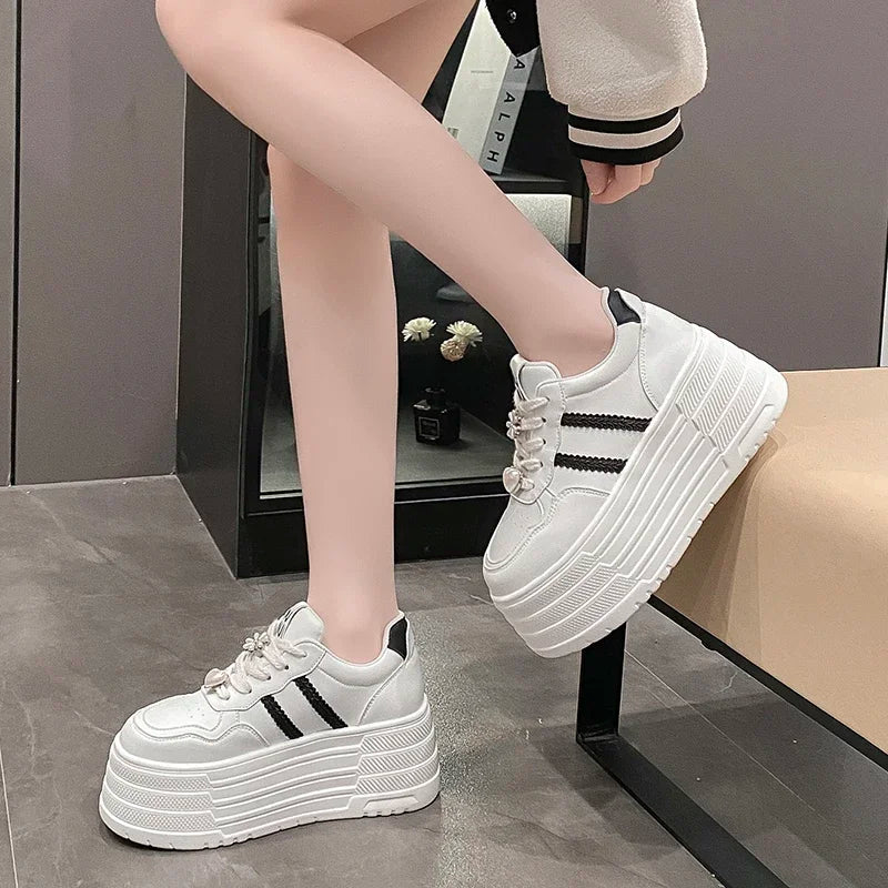 8cm Leather Flats Casual Dad Shoes Chunky Sneakers 2025 Women Platform Sports Shoes Ladies Skateboard Hidden Heels Shoes Tennis