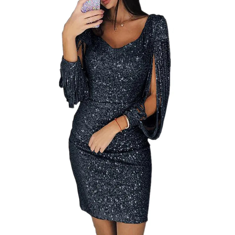 Women Sequin Dress Glitter Sparkle Sexy Deep V Neck Short Dress Above Knee Length Long Tassel Sleeve