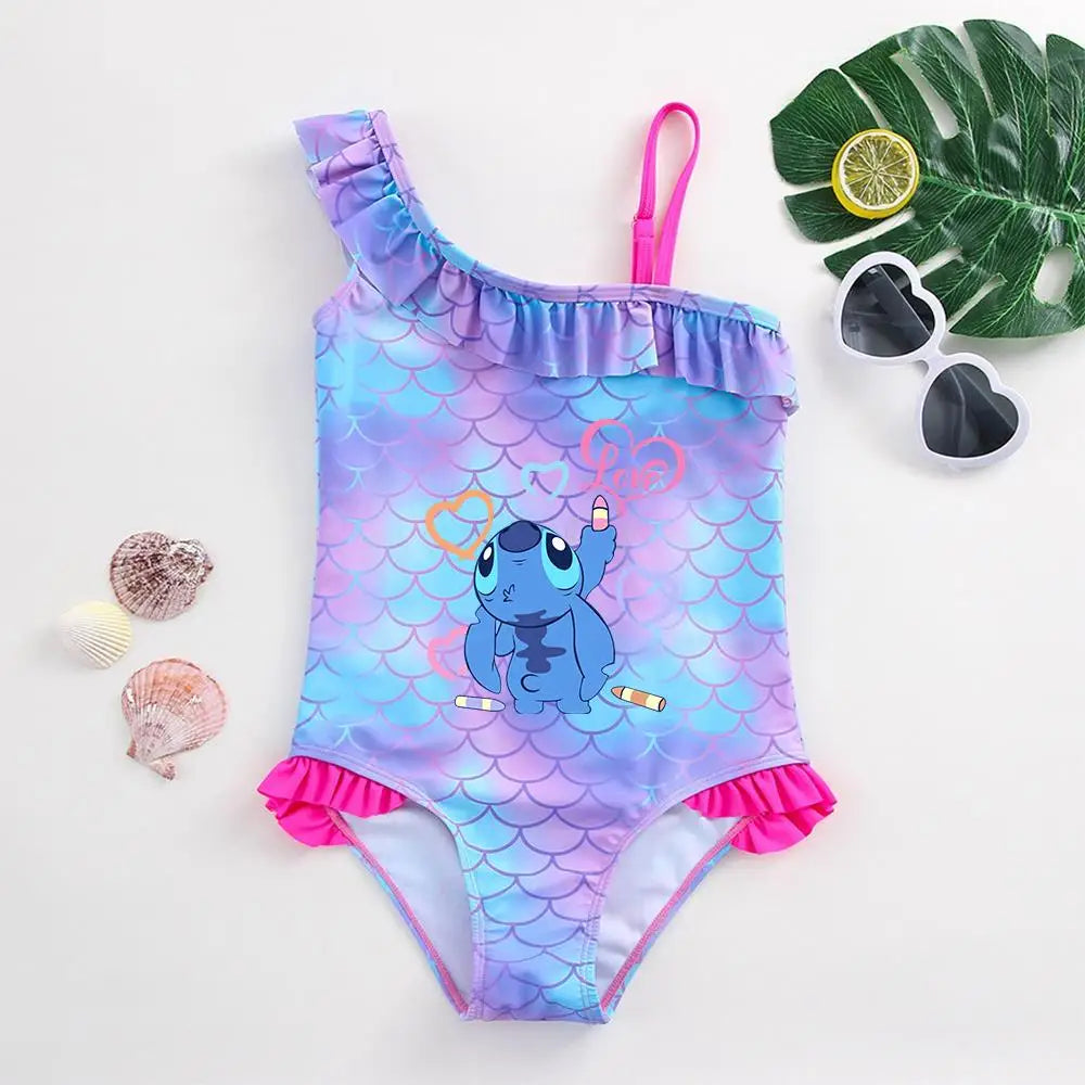 Traje de baño de una pieza con estampado de escamas de sirena para niña pequeña de Lilo Stitch, traje de baño para playa