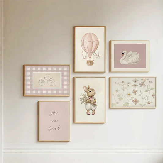 Pink Nursery Gallery Art Wall Poster Vintage Kids Room Swan Rabbit Canvas Painting Light Color Dorm Room Aesthetic Wall Art