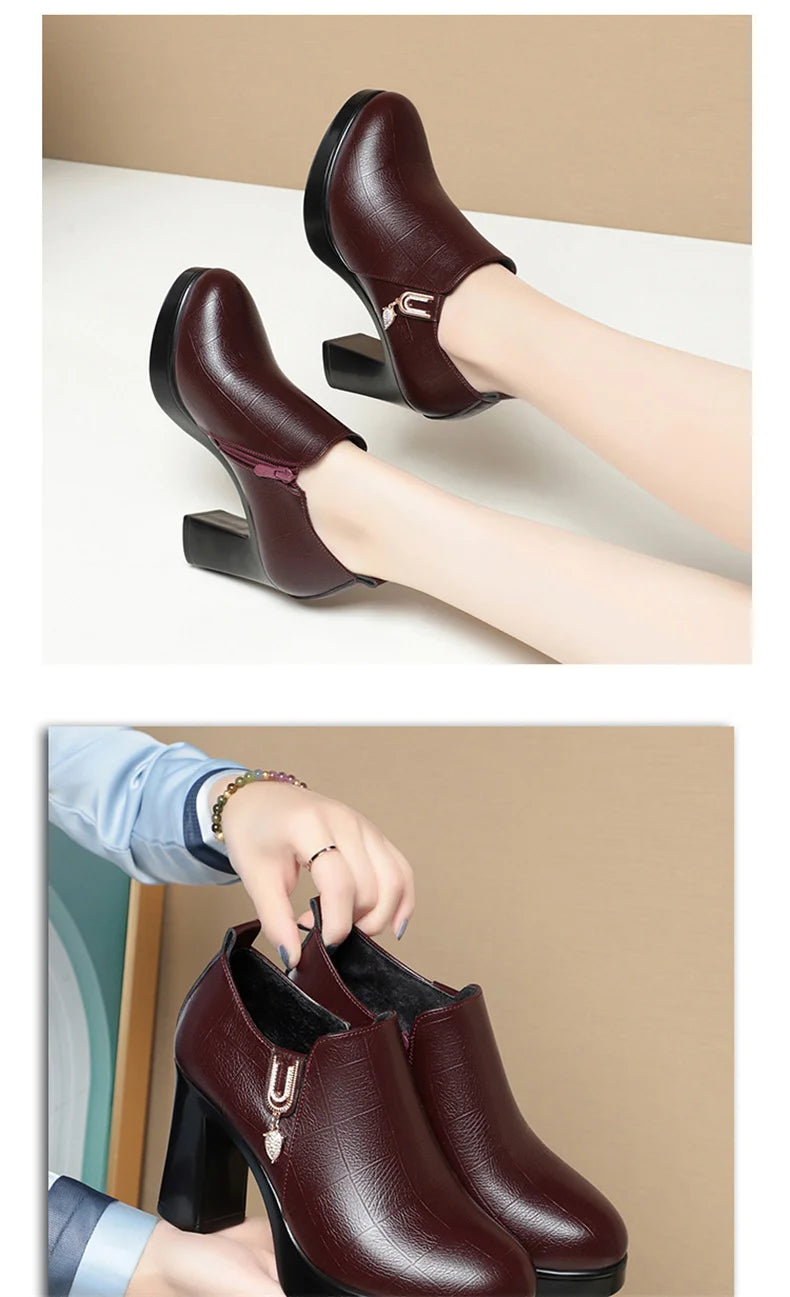 Comfortable Deep Mouth Soft Leather Anti-slip  Shoes Platform Spring 2024 Women's Block Black High Heels Office Mother Shoes