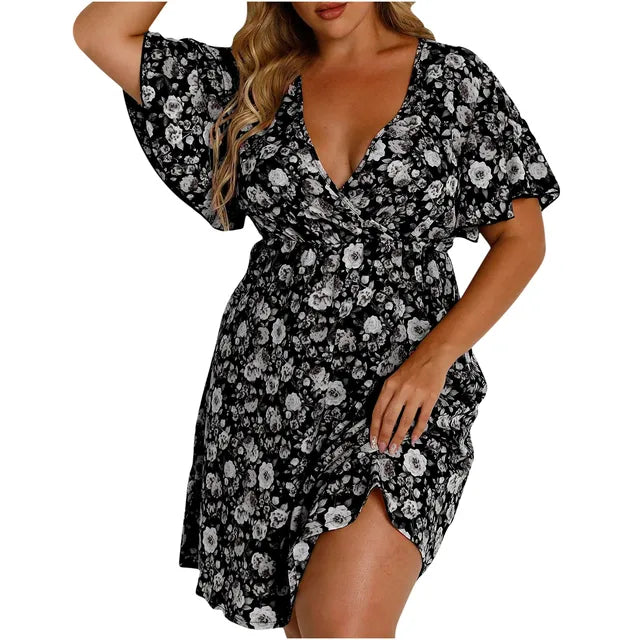Vestido com decote em v grande feminino, vestido solto estampado, estampa floral, manga curta, moda elegante, tamanho grande, primavera, verão