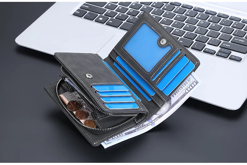 New Leather Men Wallets High Quality Zipper Short Desigh  Wallet Hipster Credit Card Holders Inserts Coin Purses Vintage Walltes