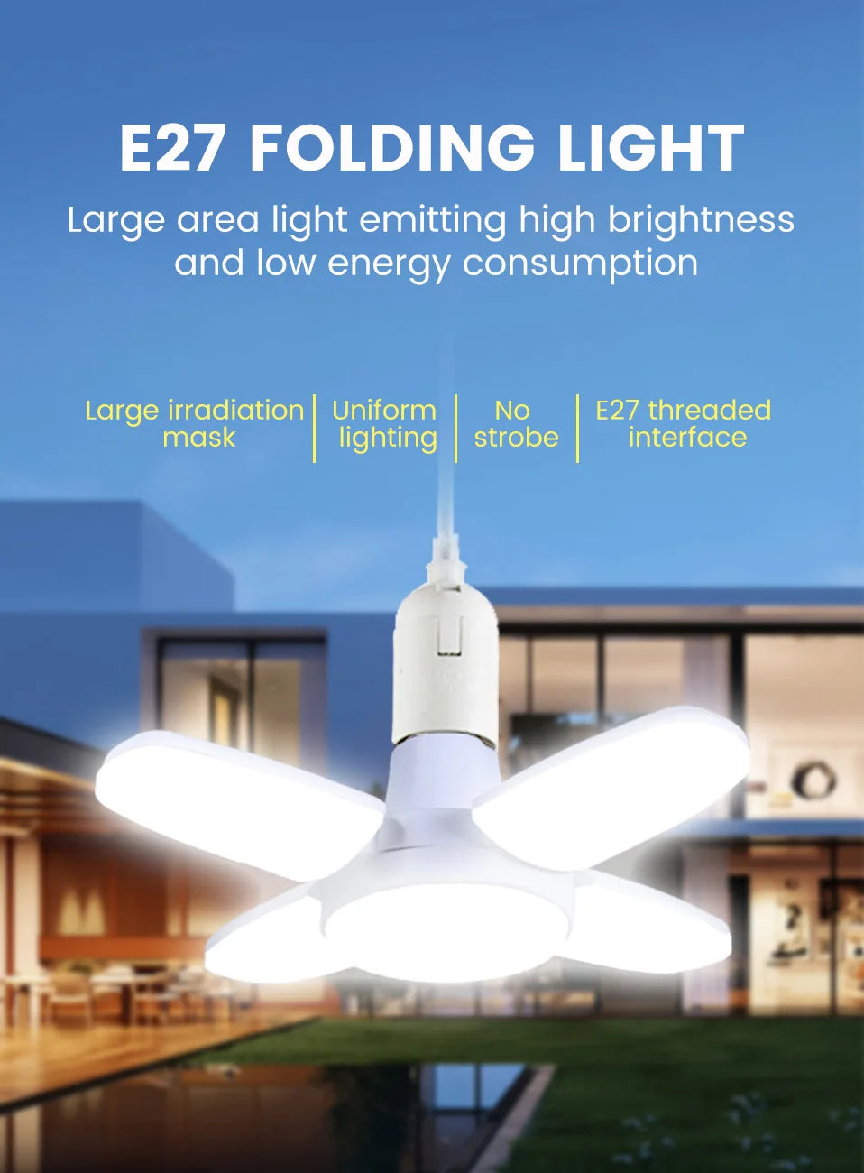 Bombilla LED plegable E27 de 28 W, CA 220 V/110 V, 40 bombillas deformables para iluminación de techo del hogar, almacén y garaje, luz blanca de 6500 K.