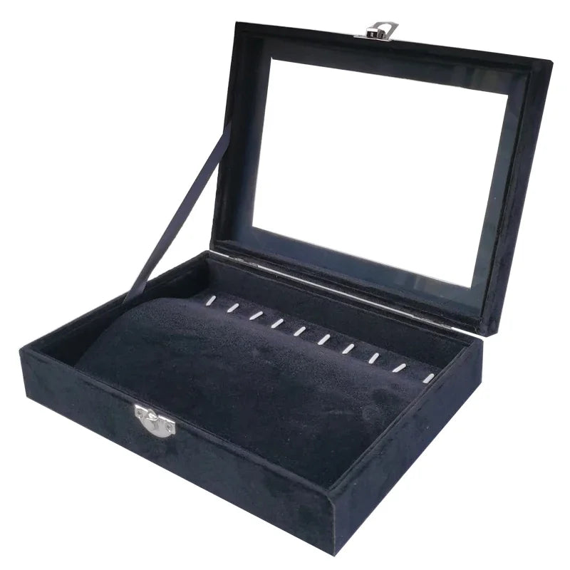 Caja de joyería negra, caja para pulseras, caja para collares, caja pequeña arqueada, caja de exhibición, caja de almacenamiento de joyas con cubierta de franela