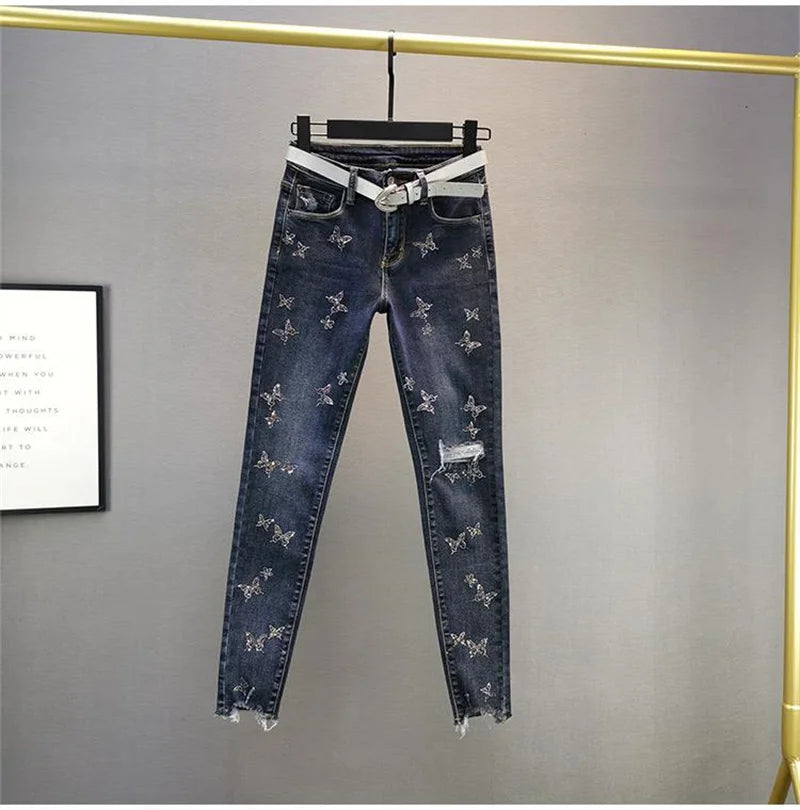 Spring Summer 2024 New Fashion Women's Denim Pants Korean Version Elastic Rhinestone High Waist Skinny Jeans