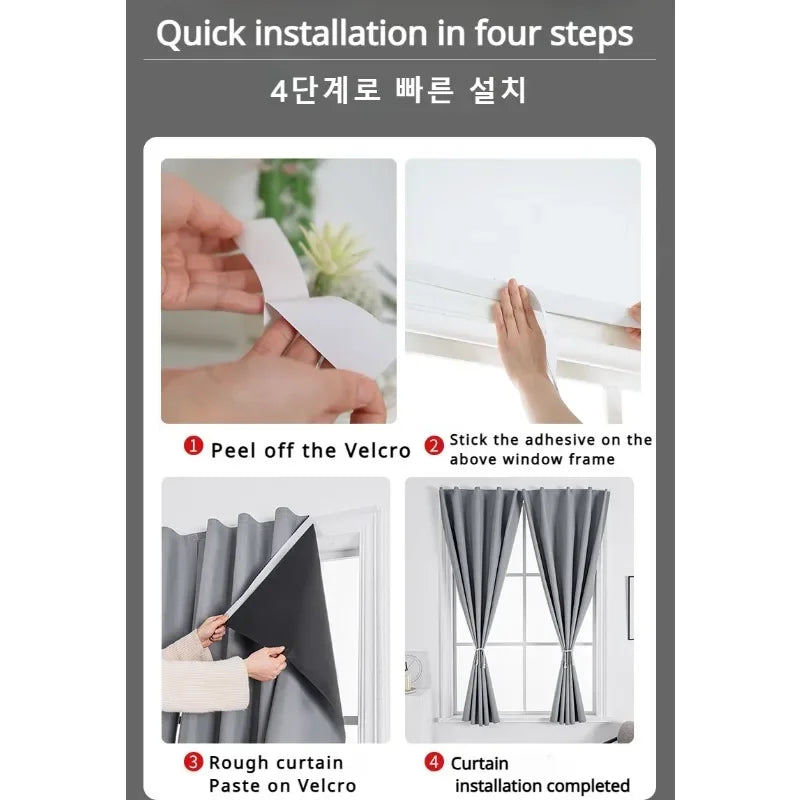 Convenient No Drilling 100% Blackout Short Curtains for Living Room Bedroom Bay Windows Blinds Easy Install Door Kitchen Decor