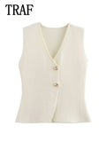 TRAF Summer Women's Sleeveless Knit Vest Top 2024 New Casual Fashion V-Neck Button Knit Sweater Tops Short Vests