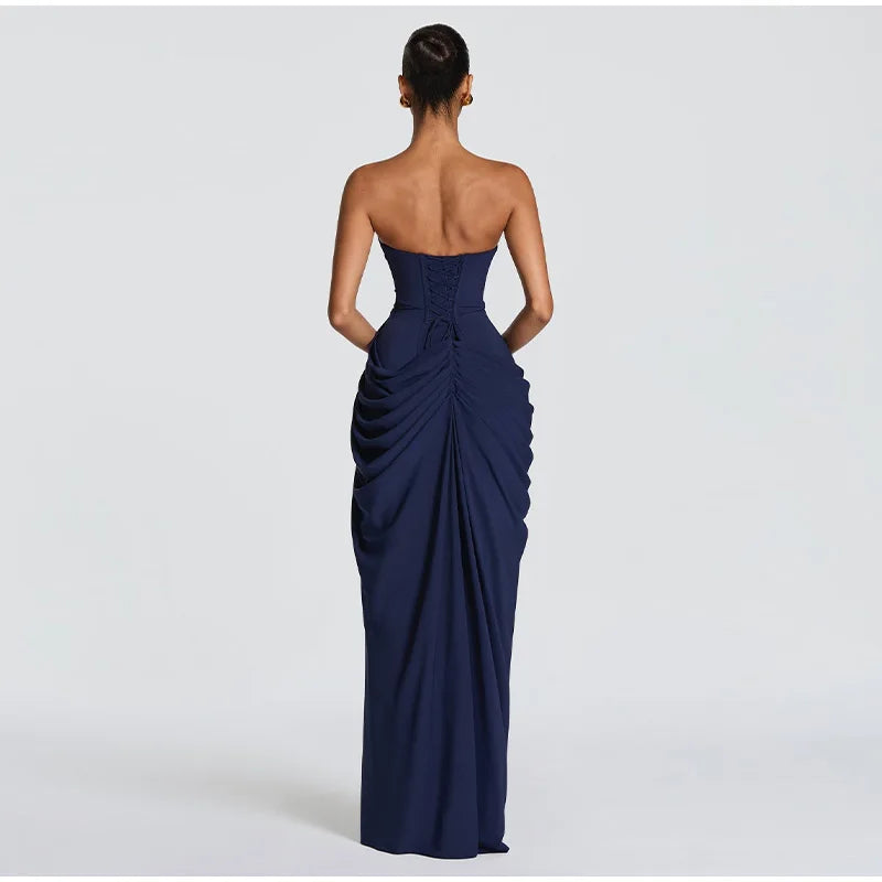 Sexy Solid Pleated Strapless Dress Lady Chic Off-shoulder Backless High Waist Split Dresses Women 2026 New Evening Party Gown