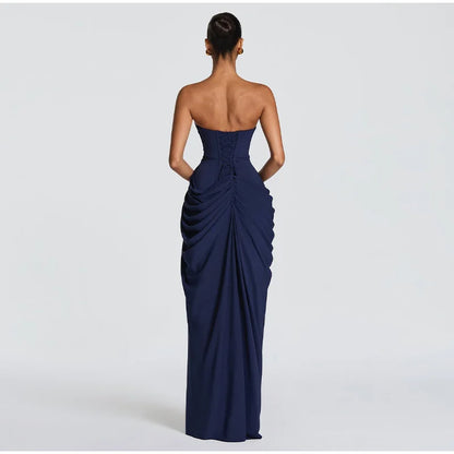 Sexy Solid Pleated Strapless Dress Lady Chic Off-shoulder Backless High Waist Split Dresses Women 2026 New Evening Party Gown