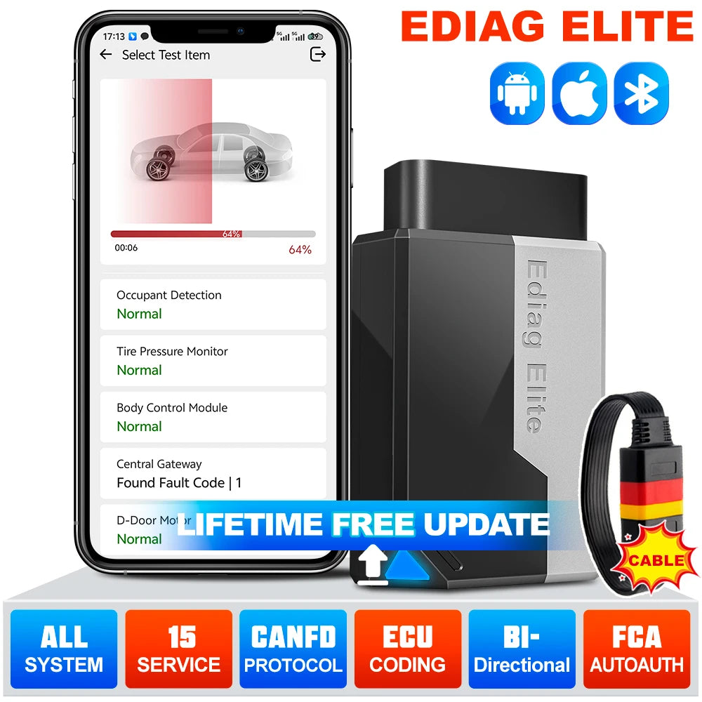 KINGBOLEN EDIAG ELITE All System OBD2 Scanner Car Diagnostic Tools 15 Reset Active Test CAN FD FCA Autoauth Lifetime Free Update