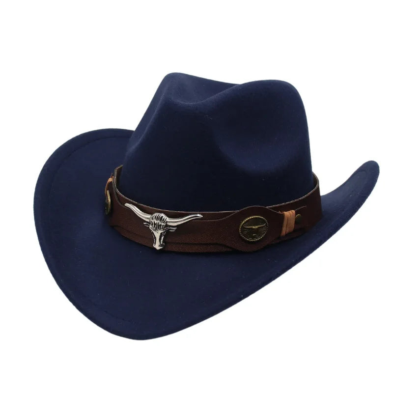 Classic Cattleman Cowboy Hat Retro Bull Head Studded Leather Band Felt Hat Unisex Western Party Cosplay Hat Wide Brim Fedora
