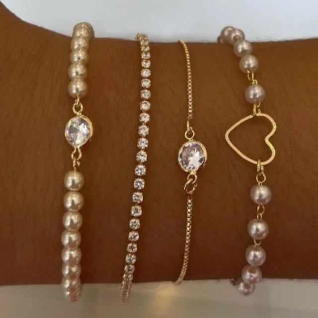 Pulseira Interlocking Corações para Mulheres, Cor Prata, Pulseira Retro, Joalheria Fina, Presente Festa de Casamento, Moda, Novo, 5 peças por conjunto