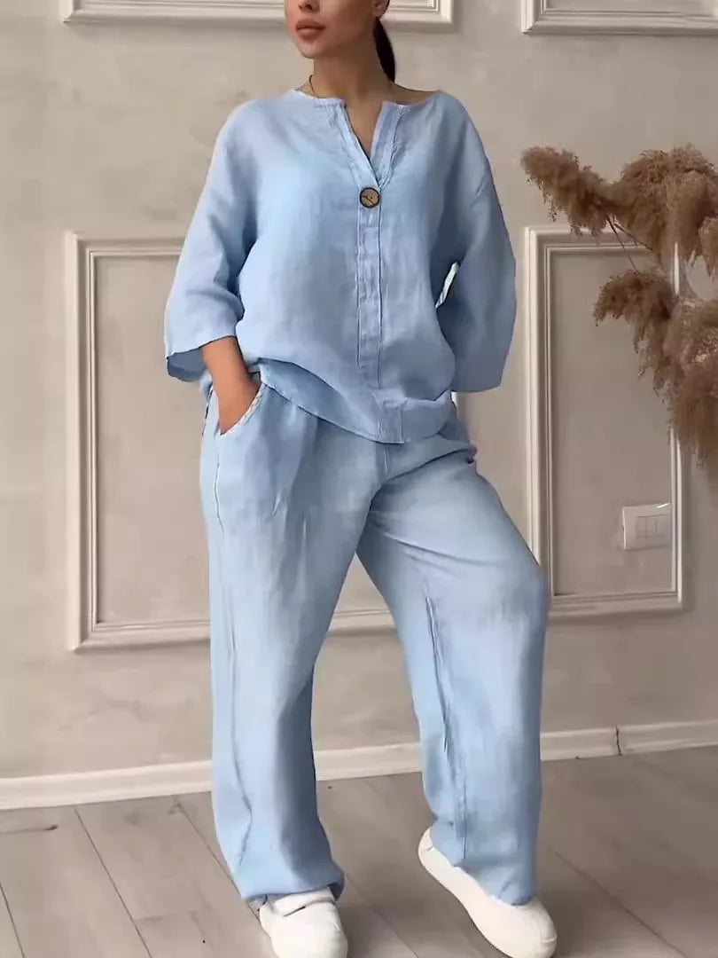 Cotton Linen Sets Two 2 Pieces Sale Casual Long Sleeve Button Loose Blouse Shirt & High Elastic Wide Leg Loose Pant Suits NMD-3021