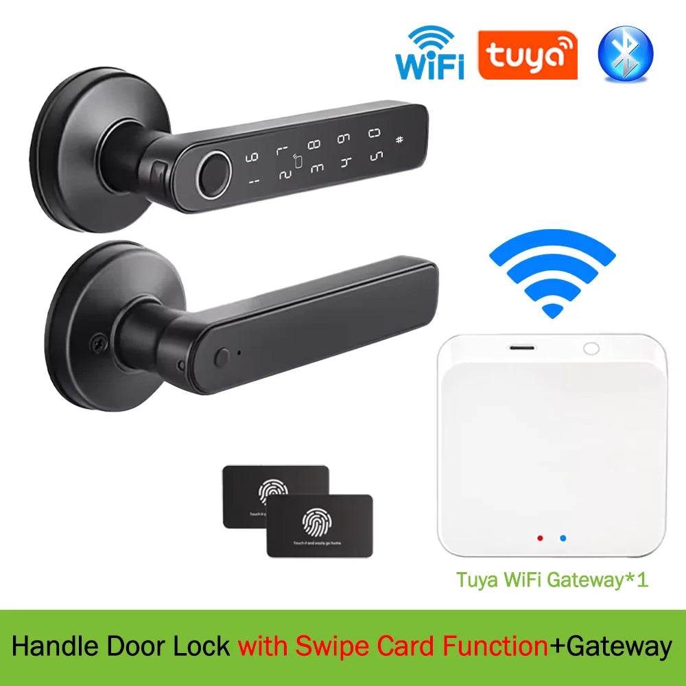 Tuya App Bluetooth Smart Fingerprint Door Lock Password Mechanical Key NFC Unlocking For Wooden Door Handle Lock IP54 Rainproof