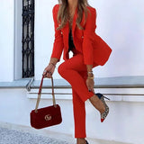 Conjunto de 2 piezas para mujer, otoño e invierno, moda de color liso, traje cruzado, pantalones pitillo ajustados con bolsillos, para oficina, 2023