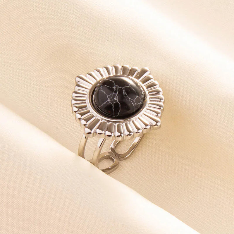 1pc Boho Turquoise Ring Stainless Steel Black Stone Silver Color Adjustable Ring Women Ethnic Ring Bohemian Jewelry Gift No Fade