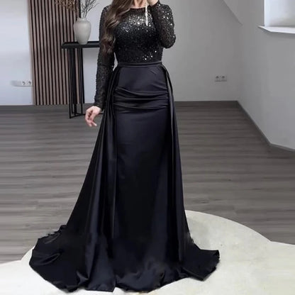 Luxury Banquet Long Sleeve Sequins Evening Dress Temperament O Collar Prom Gown Chic Patchwork Slim Pleated 2025 New Year Dress