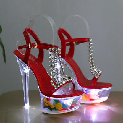 LTARTA Women's Shoes Stiletto Nightclub 15cm  High Heels Rhinestone Sandals Flower Root Crystal Sole 190 Series 5cm Platform LFD