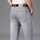 2024 Brand Thin or Thick Material Men's Elastic Cotton Jeans Fashion Gray Comfortable Denim Business Casual High Waist Pants