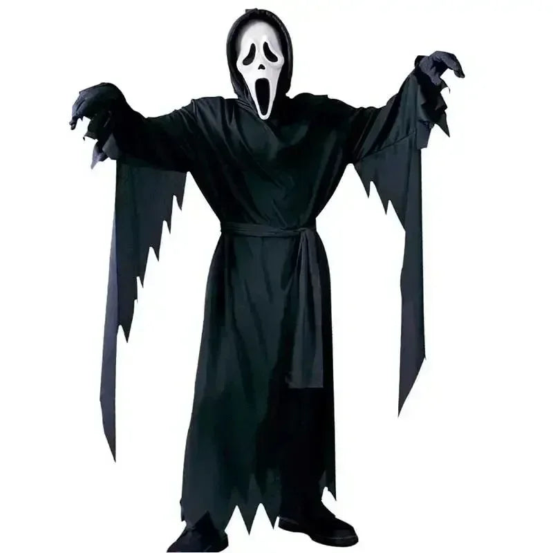 Disfraz de grito para niños, vestido elegante para niños, fiesta de Halloween, disfraz de cara de fantasma de la muerte y terror, disfraz de Halloween para niños y adolescentes