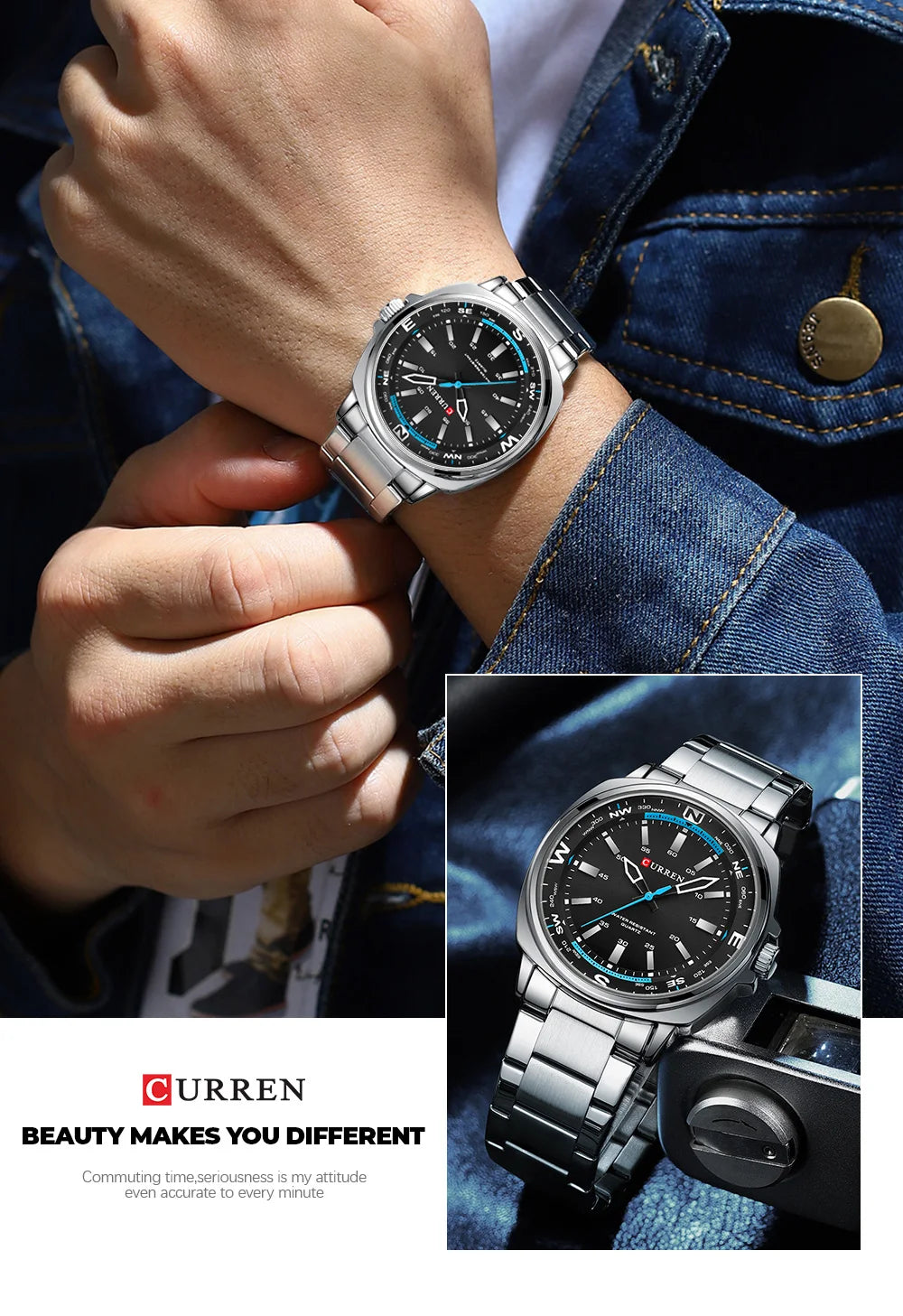 CURREN 8455 Men's Quartz Watch Large Dial Waterproof Stainless Steel Strap Casual Business Elegant Watches for Men Reloj Hombre