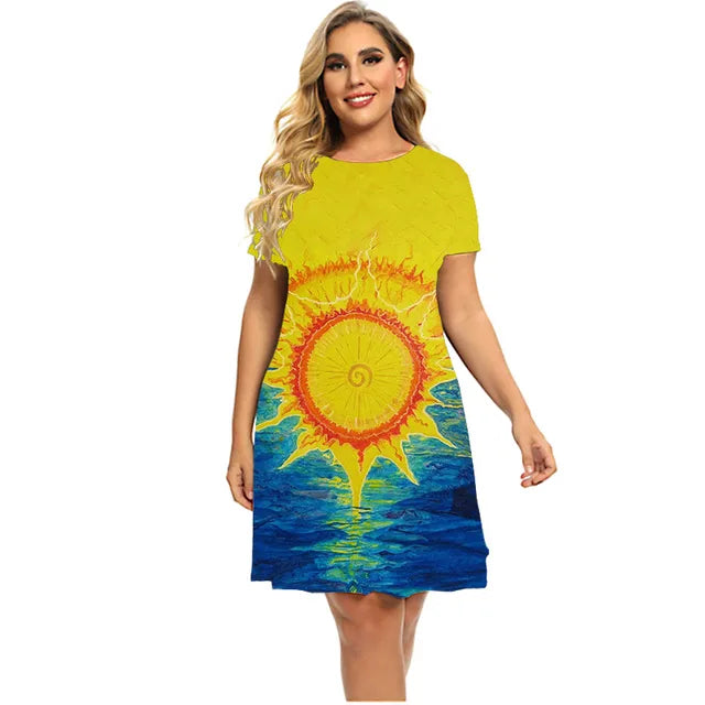 Women's Plant Flower Print Dress Short Sleeve Loose A-line Dress O-neck Casual Dress Plus Size Summer 