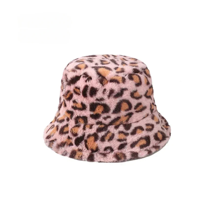 Winter Rabbit Plush Fisherman Hats for Women Girl Bucket Hat Windproof Leopard Soft Faux Fur Wide Brim Lady Women Artist Cap