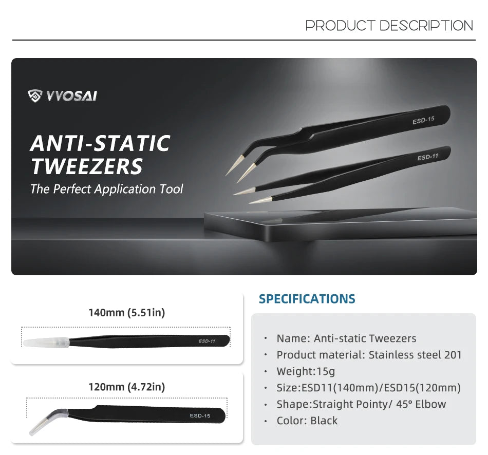 VVOSAI Curved Straight Tweezers Anti-static Precision Stainless Forceps Phone iPad Repair IC Chips Motherboard Repair Hand Tools