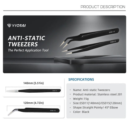 VVOSAI Curved Straight Tweezers Anti-static Precision Stainless Forceps Phone iPad Repair IC Chips Motherboard Repair Hand Tools