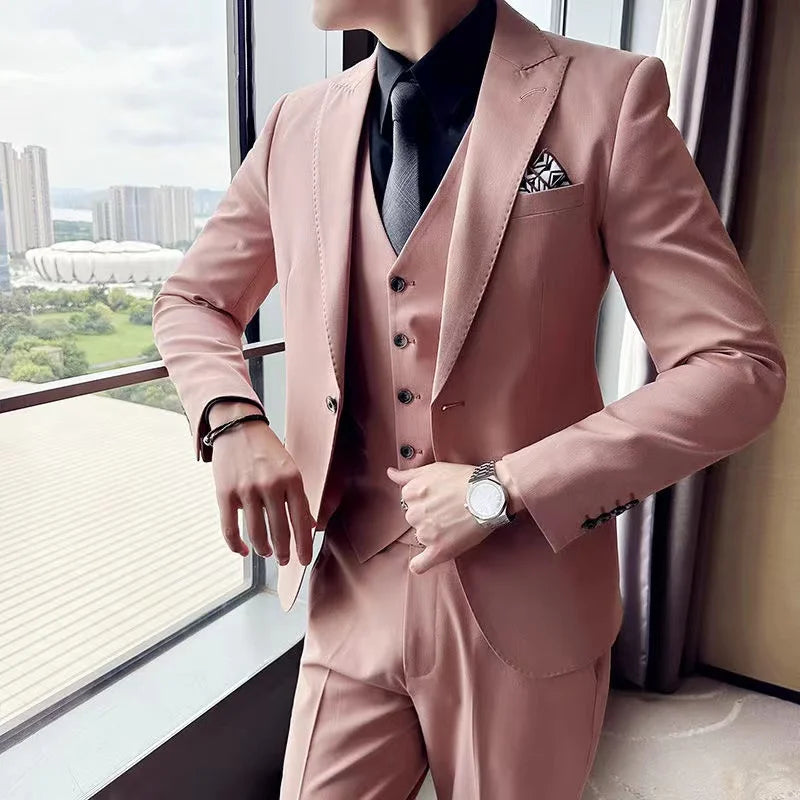 2024 Four Seasons Men'S Business And Leisure Suit Three Piece Set Groom And Best Man Men'S Wedding Suit Set Jacket Vest & Pants